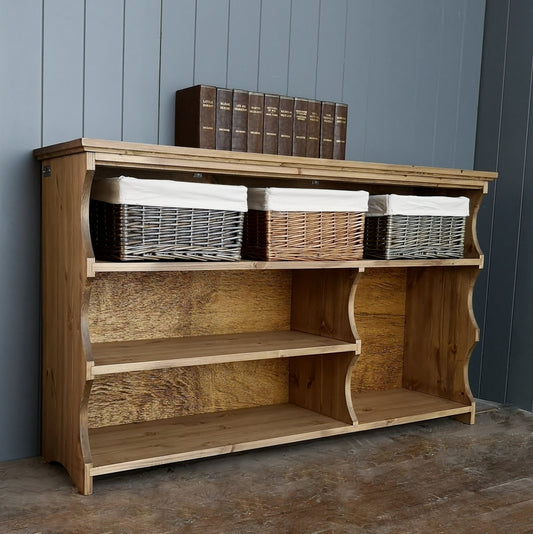 Solid wood, antique pine finish, 3 shelves shoe and boot rack
