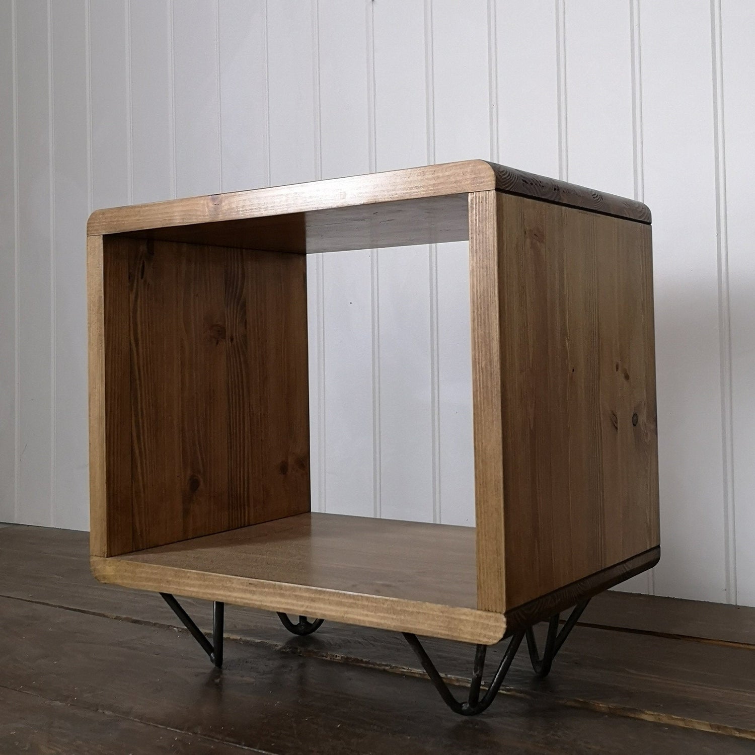 Hand made side or bedside table. Sized to store vinyl records. Finished in antique pine with hairpin feet.
