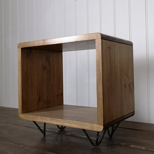 Hand made side or bedside table. Sized to store vinyl records. Finished in antique pine with hairpin feet.