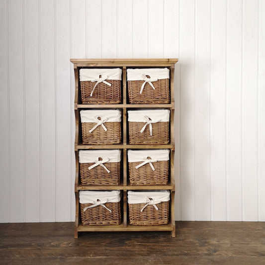 Handmade solid wood nursery, bedroom or en suite furniture.  Antique pine cubby tower with 8 wicker storage baskets.