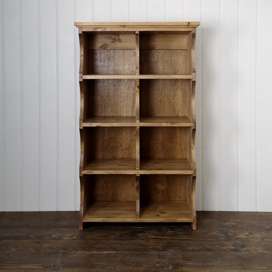 Tall slim hallway shoe storage with 8 storage compartments finished in antique pine 